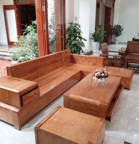 Bộ Sofa Góc L Gỗ Sồi Nga Lau Màu Đinh Hương Chân Cong - 2m8x1m9 
