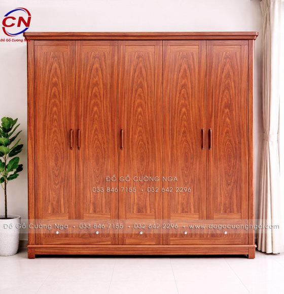 Tủ Áo Gỗ Cẩm Vân 5 Cánh 2m4 - Mẫu Trơn