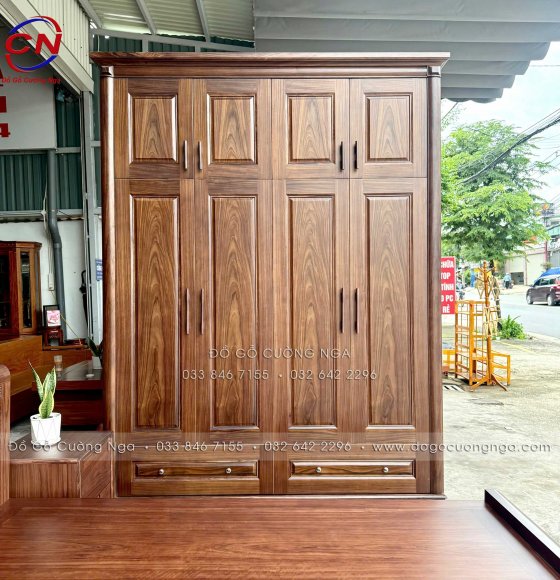 Tủ Quần Áo Gỗ Óc Chó 4 Cánh Cao 2 Tầng
