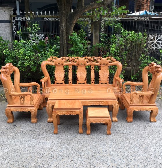 Bộ bàn ghế salon gỗ gõ gỏ tay 12 - 6 món đào chim