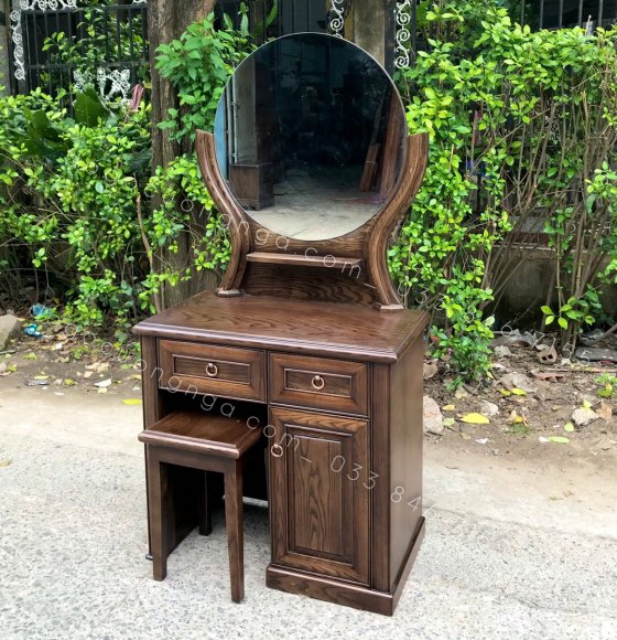 Bàn Trang Điểm Gỗ Sồi Lau Màu Óc Chó 80 cm - Gương Tròn 