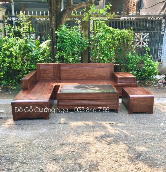 Bộ sofa gỗ hương xám góc L 2m8x1m8 chân cuốn màu óc chó