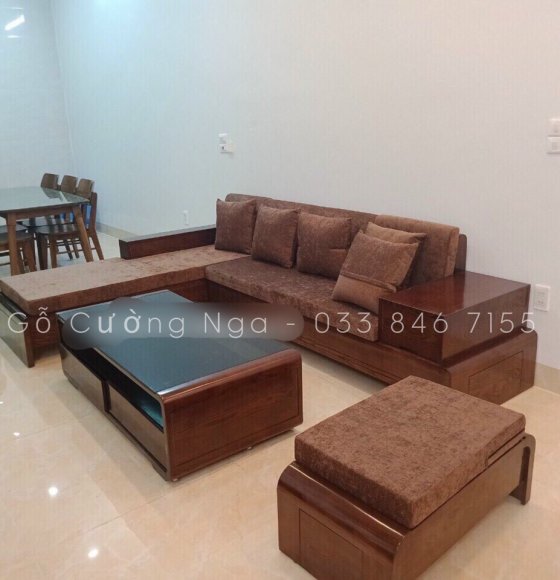 Bộ Sofa Gỗ Sồi Nga Lau Màu Óc Chó Kèm Nệm Chân Cuốn 2m8x1m8