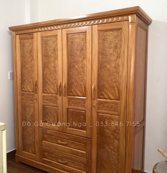 Tủ Áo Gỗ Đinh Hương 4 Cánh Mẫu Đồng Tiền - 2m ( giao khách Song Hành )
