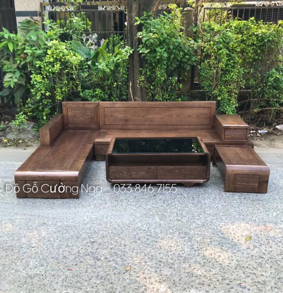 Bộ Sofa Gỗ Góc Sồi Nga Lau Mùa Óc Chó Chân Cuốn 2m8x1m8 ( vế trái )