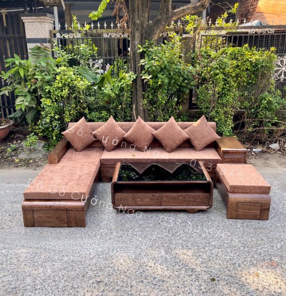 Bộ Sofa Gỗ Góc Sồi Nga Lau Mùa Óc Chó Hiện Đại Chân Cuốn 2m8x1m8 ( vế trái )