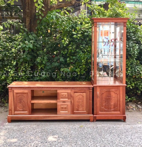 Kệ TiVi Kèm Tủ Ly - Gỗ Xoan Đào Cao Cấp 