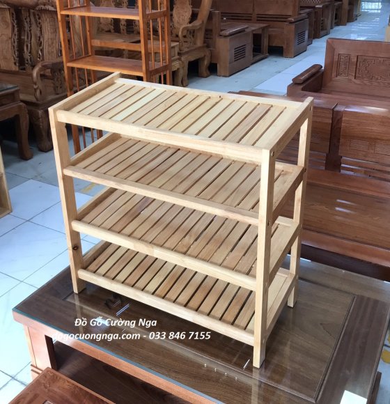 Kệ dép gỗ cao su 4 tầng màu tự nhiên
