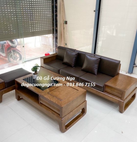  Bộ Bàn Ghế Sofa Gỗ Sồi Nga & Nệm 2m4 - Mẫu 1 Văng Chân Qùy 