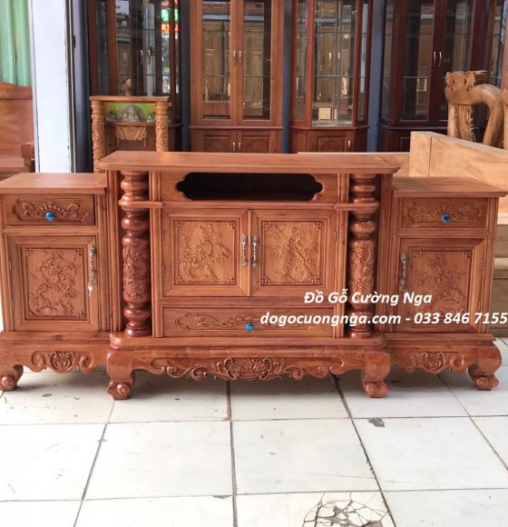 Kệ Tivi Gỗ Hương Đá 1m8 - Cột Nho Trạm 
