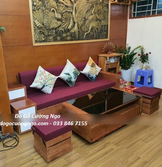 Bàn ghế phòng phòng khách gỗ sồi nga nhỏ ngọn 2m3 màu óc chó 