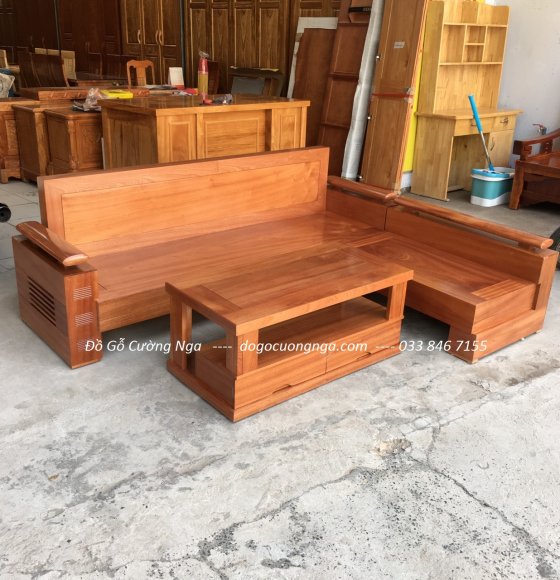 Bộ Bàn Ghế Sofa Góc Gỗ Xoan Đào 2m1x1m65 - Mẫu Lưng Liền 