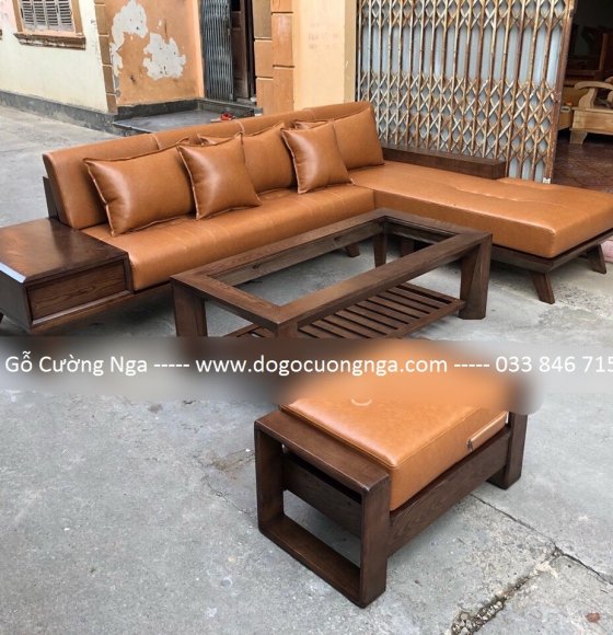 Bộ Sofa Gỗ Sồi Nga Lau Màu Óc Chó Kèm Nệm Da - 2m7x1m9 - chân vát 