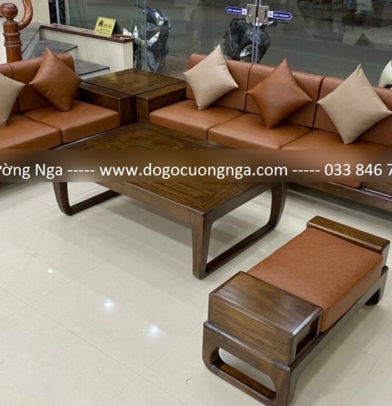 Bộ Bàn Ghế Sofa Gỗ Sồi Nga Lau Màu Óc Chó Kèm Nệm Da - Mẫu Chân Qùy 