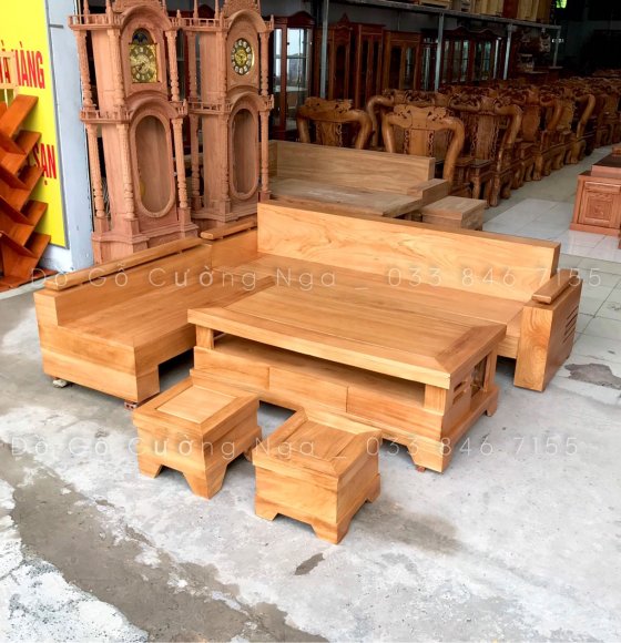 Bộ Sofa Góc Gỗ Gõ Đỏ Tay Trứng - 2m44x2m 