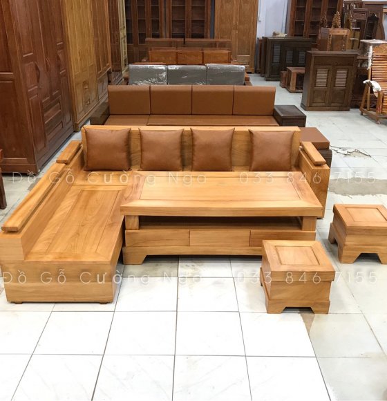 Bộ Sofa Góc L Gỗ Gõ Đỏ Tay Trứng 2m44x2m - Hàng Dày 