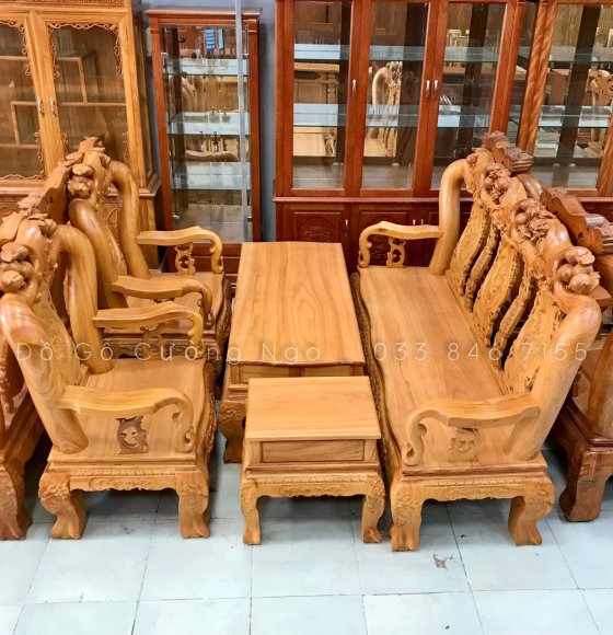 Bộ bàn ghế salon gỗ gõ đỏ tay 12 - 6 món trạm đào 