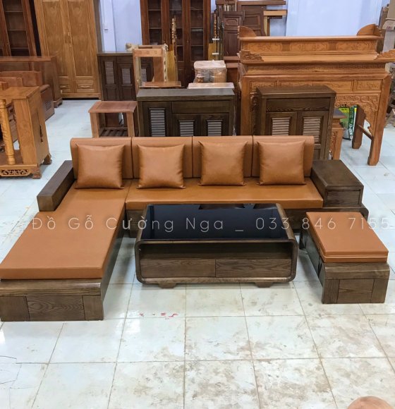 Sofa Gỗ Sồi Nga Lau Màu Óc Chó Kèm Nệm - Mẫu Chân Cuốn 