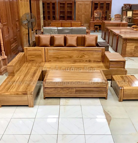 Sofa Gỗ Hương Xám 2m8x1m9 - Chân Cuốn Vế Phải 