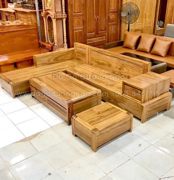 Bộ Bàn Ghế Sofa Góc L Gỗ Hương Xám Cao Cấp 2m8x1m9 