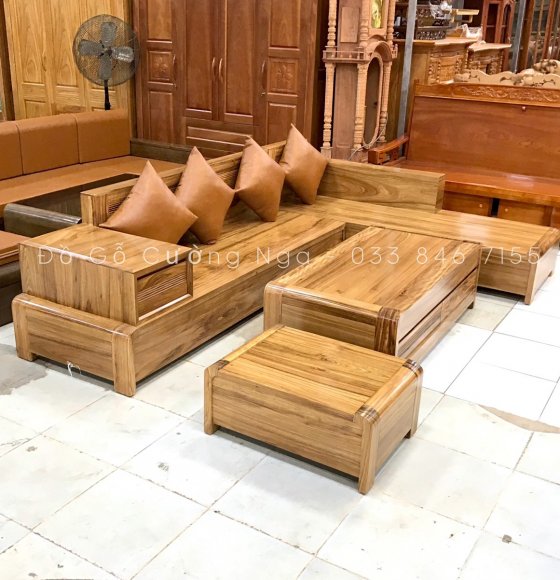 Sofa Gỗ Hương Xám Góc L 2m8x1m9 - Mẫu Chân Cuốn 