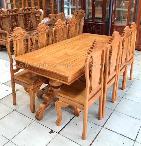 Bộ Bàn Ăn 8 Ghế Gỗ Gõ Đỏ Mẫu Bánh Tây - Ghế Vách Liền 