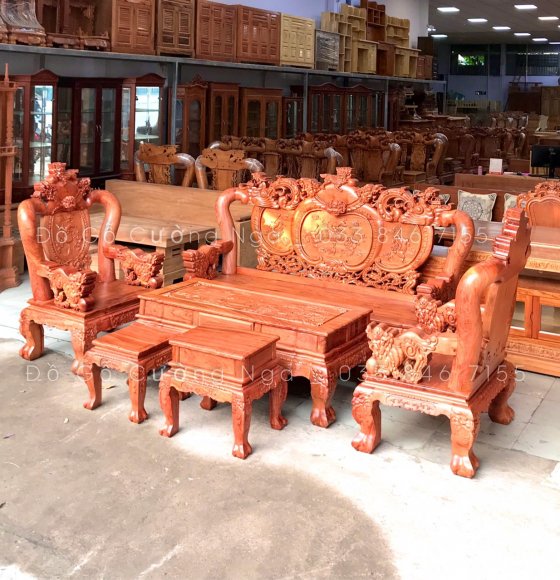 Bộ bàn ghế salon gỗ hương đá tay 12 - 6 món nghê phượng 