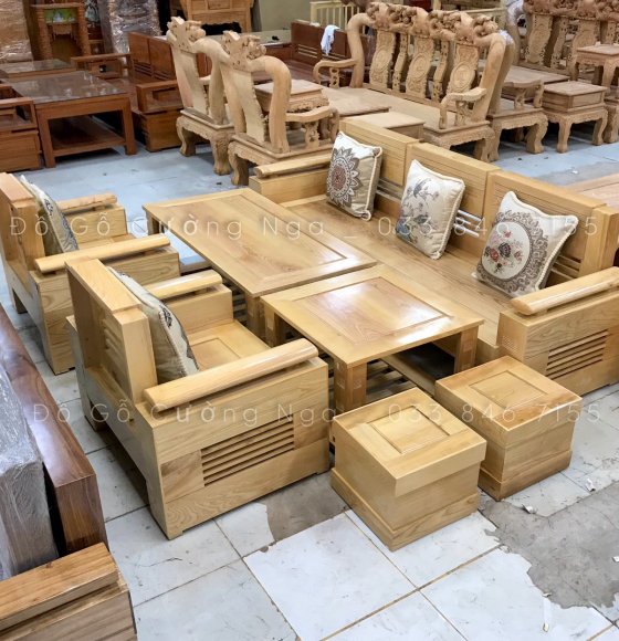 Bộ Sofa Đối Trứng  Gỗ Sồi Nga 7 Món - kèm gối lụa 