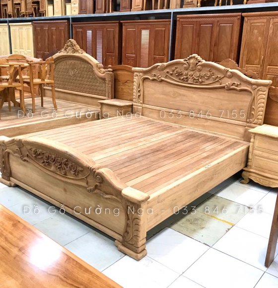 Giường Gỗ Gõ Đỏ Mẫu Hoa Lá Tây 