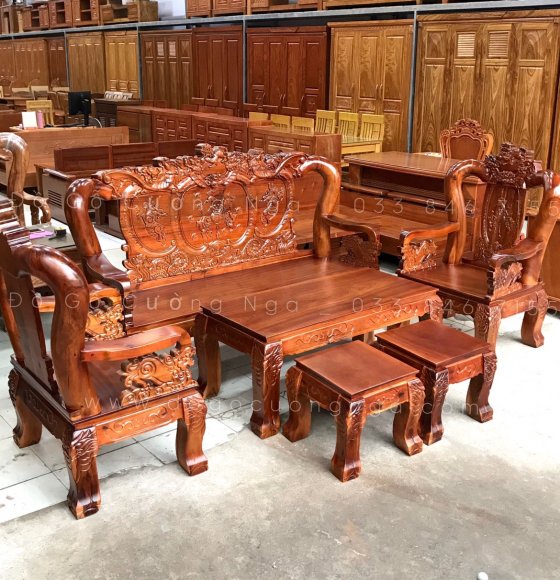 Salon Gỗ Tràm Bông vàng Tay 12 - 6 Món Trạm Nghê Phượng (Màu Sậm )