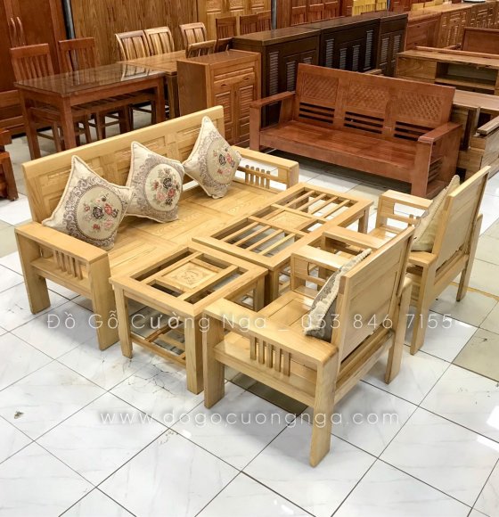 Salon Gỗ Sồi Nga Tay 12 - 5 Món - Đơn Giản Kèm Gối Lụa 