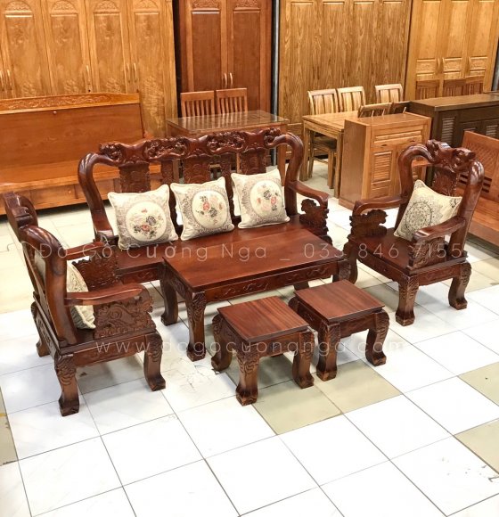 Bộ Salon Gỗ Tràm Bông Vàng Mặt Xoan Tay 10 - 6 Món Trạm Đào 