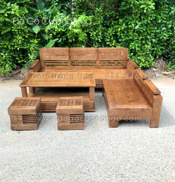 Bộ Sofa Gỗ Sồi Nga Lau Màu Óc Chó Mặt Liền Tay Trứng - 2mx1m8 