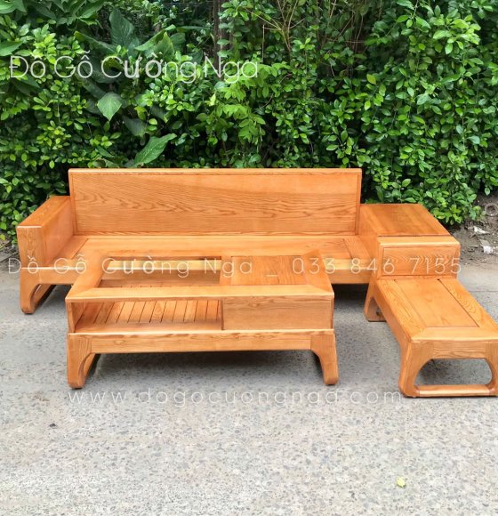  Bộ Bàn Ghế Sofa Gỗ Sồi Nga Lau màu Hương 2m4 - Mẫu 1 Văng Chân Qùy 