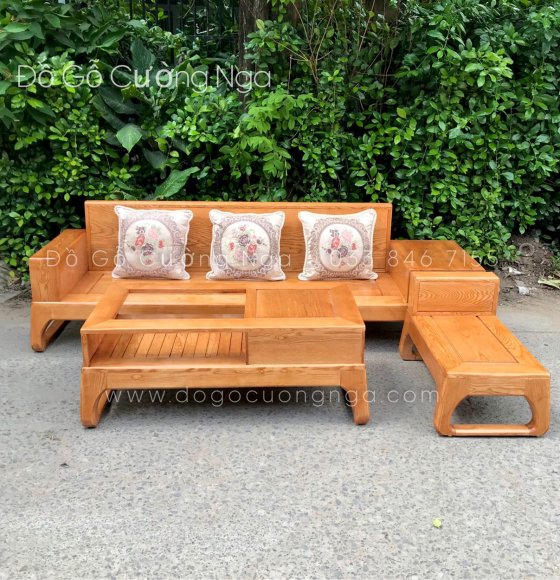Sofa Một Văng Gỗ Sồi Nga Lau Màu Gõ Đỏ Kèm Gối Tựa - Mẫu Chân Qùy