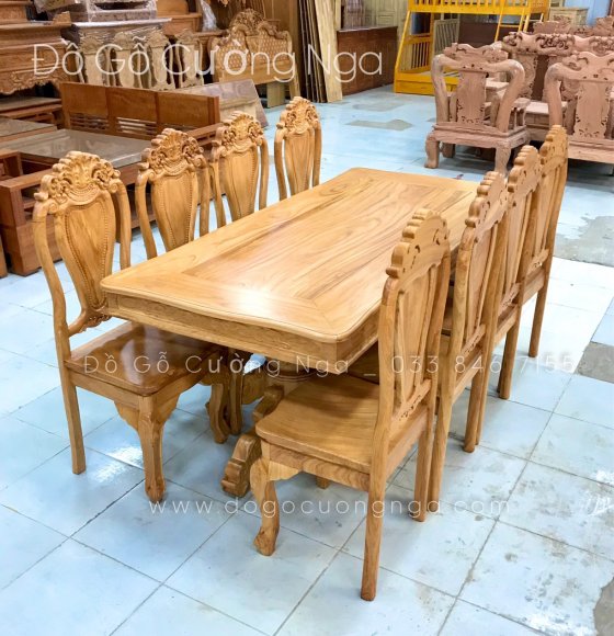 Bộ Bàn Ăn 8 Ghế Gỗ Gõ Đỏ Mẫu Bánh Tây 