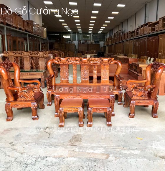 Bộ Salon Gỗ Tràm Bông Vàng Mặt Xoan Tay 12 - 6 Món 