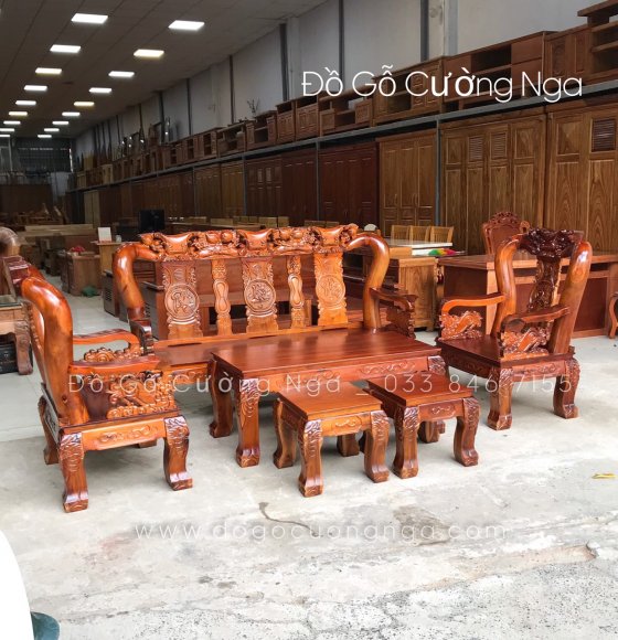 Bộ Salon Gỗ Tràm Bông Vàng Mặt Xoan Tay 12 - 6 Món Trạm Đào 