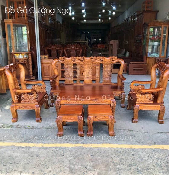 Bộ Salon Gỗ Tràm Bông Vàng Mặt Xoan Tay 10