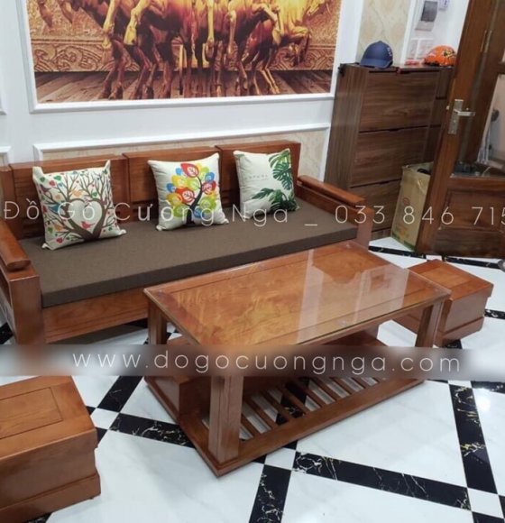 Bộ bàn ghế sofa gỗ sồi nga 1 văng màu cánh gián đơn giản
