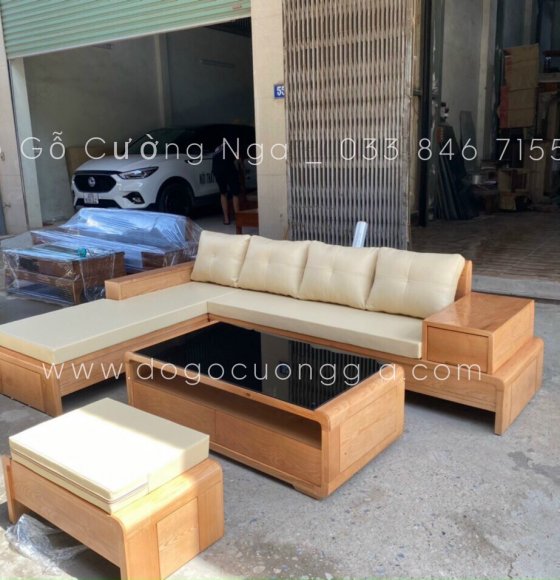 Bộ bàn ghế sofa gỗ sồi nga chân cuốn màu tự nhiên 2m8x1m8 