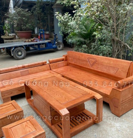 Bộ ghế sofa góc L gỗ sồi nga mẫu kim cương