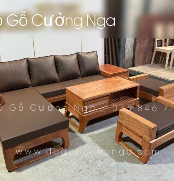 Bàn ghế sofa gỗ gõ đỏ góc L hiện đại 