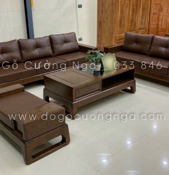 Bộ bàn ghế sofa gỗ sồi nga màu óc chó kèm nệm hiện đại 