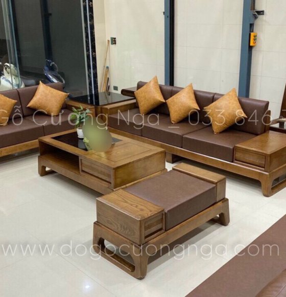 Bộ bàn ghế sofa gỗ sồi nga màu óc chó 2 văng kèm nệm - kiêu chữ U