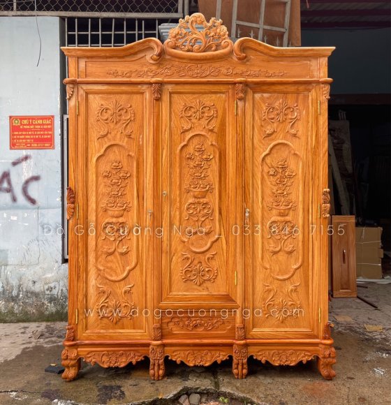 Tủ Quần Áo 3 Cánh Gỗ Gõ Đỏ Cao Cấp Mẫu Tân Cổ Điển 