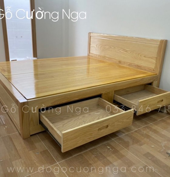 Giường Ngủ Có Ngăn Kéo Gỗ Sồi Nga Đơn Giản Sang Trọng 