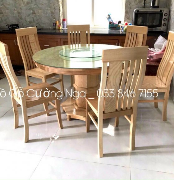 Bàn ăn tròn mâm xoay 6 ghế gỗ Sồi Nga giao khách - Thủ Đức 