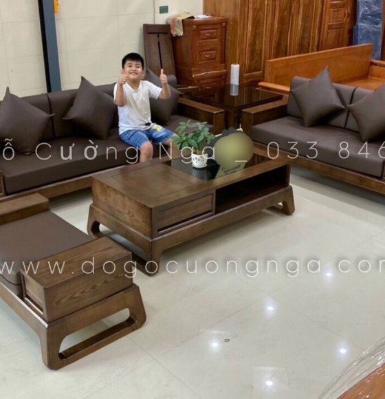 Bộ bàn ghế sofa gỗ sồi nga 2 văng màu óc chó cao cấp