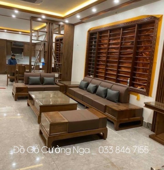 Bộ bàn ghế sofa gỗ sồi nga màu óc chó - mẫu 2 văng cao cấp 